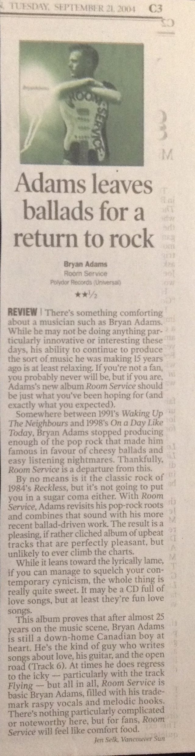 Bryan Adams Room Service Review By Jennifer Selk Vancouver Sun